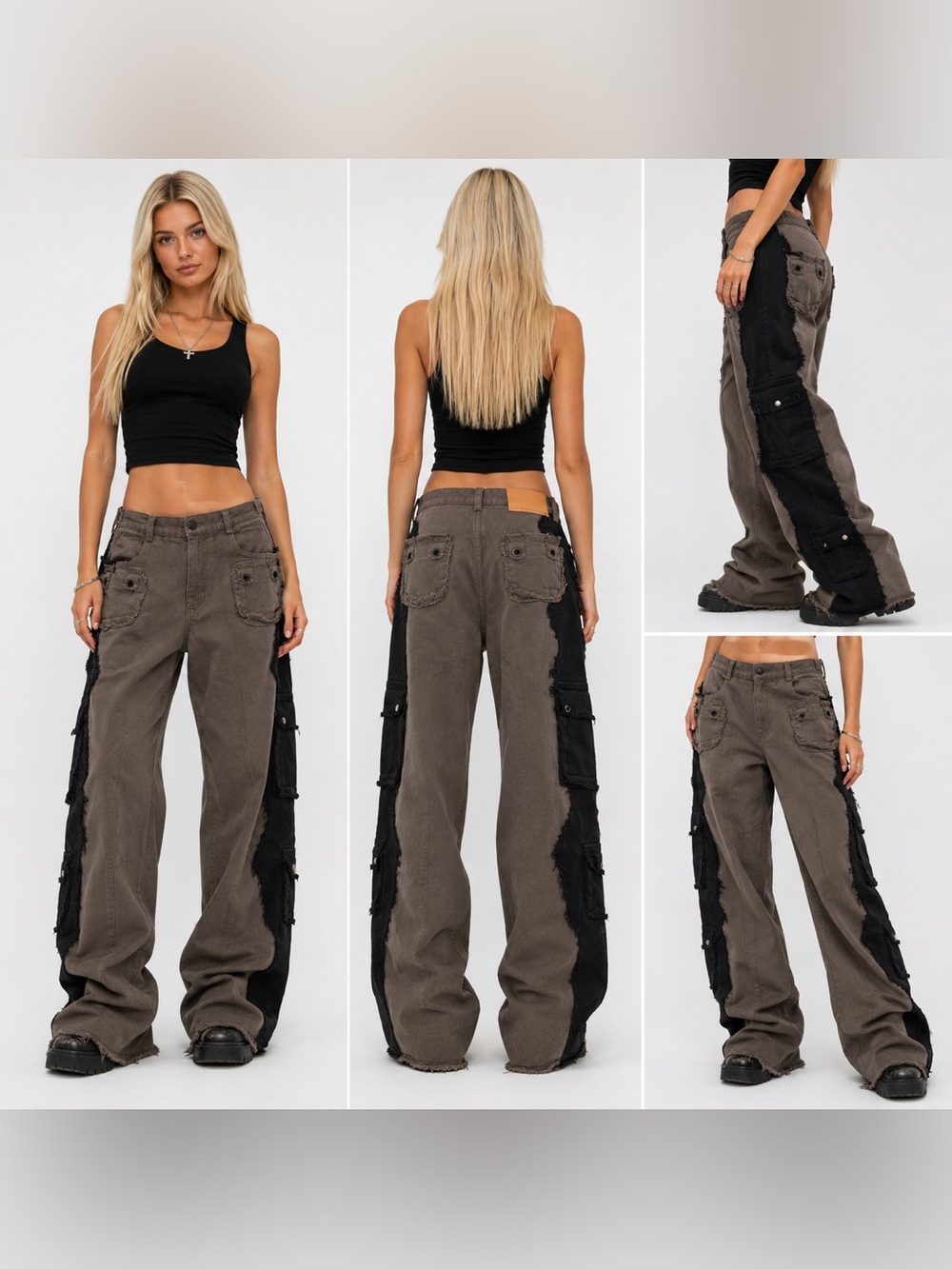 Saint Giovanni De La Mode Distressed Cargo Carpenter Pants M Brown Black